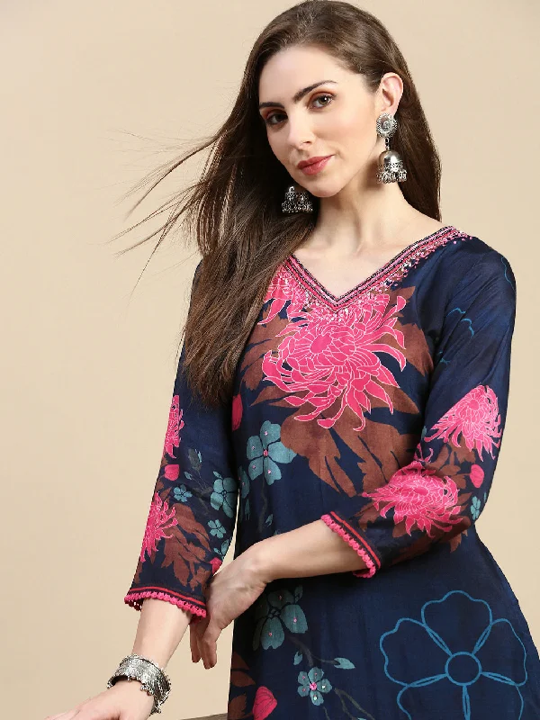 Women Floral Navy Blue A-Line Kurta Set-BC-SK-1967-Navyblue