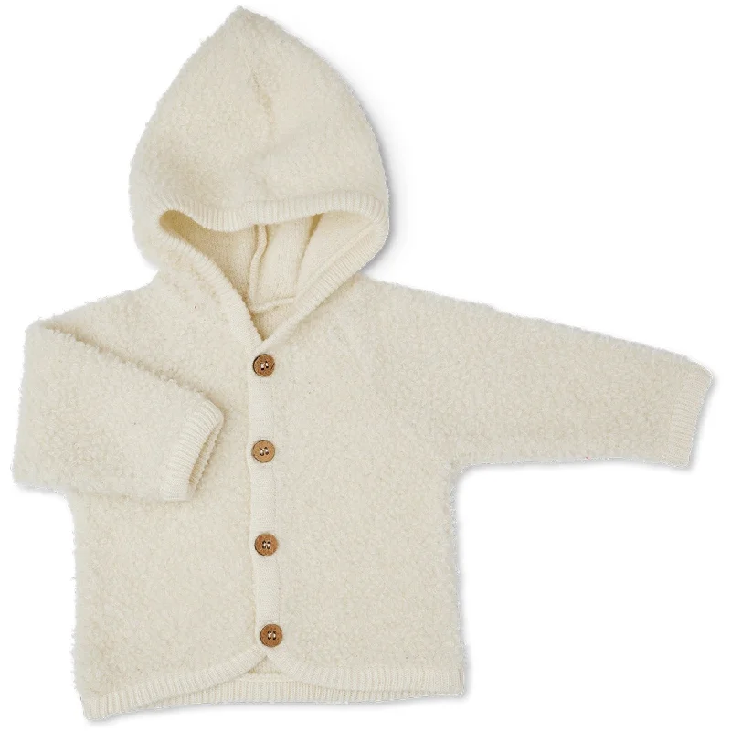 Draped cardiganSmallstuff Off White Cardigan Bouclé Merino Wool With Buttons And Hood