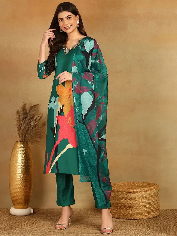 Ahika Women Green Silk Blend Floral Printed Straight Kurta Trousers With Dupatta-PKSKD2598