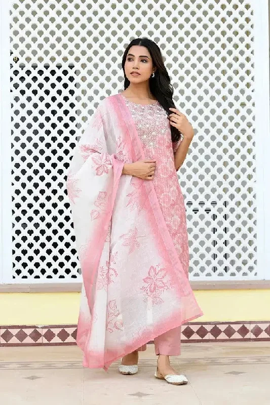 Vaasva Women Pink Tissue Linen Embroidered Solid Kurta Set With Solid Pants & Printed Dupatta-143-Vaas-Pink