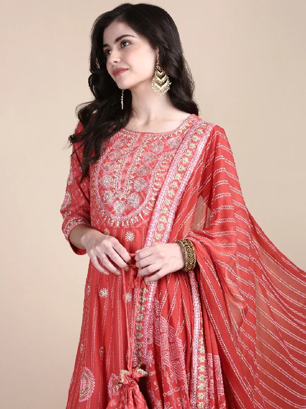 Women Ethnic Motifs Coral Anarkali Kurta Set with Dupatta and Potli Bag-GW-3263-Coral