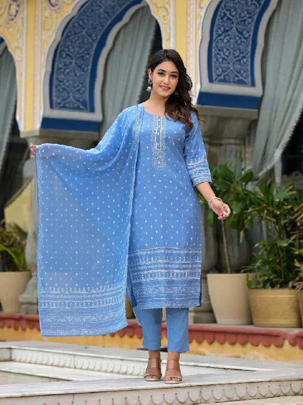 Blue Ethnic Motif Printed Liva Rayon Kurta Pant And Dupatta Set With Beads Sequins & Lace-J4632BLUE