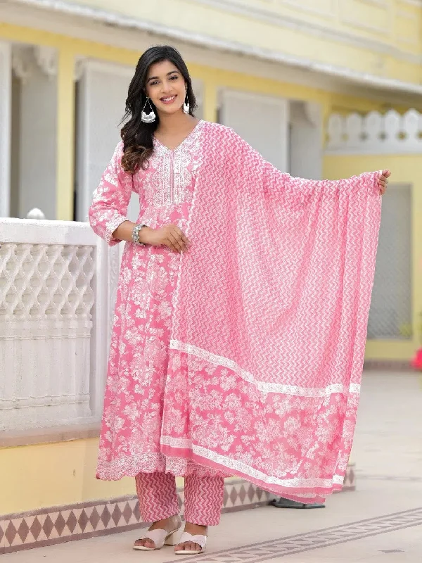 Juniper Pink Floral Printed Rayon Kurta, Pant And Dupatta Set With Thread & Sequins Work-J4838PINK_OF