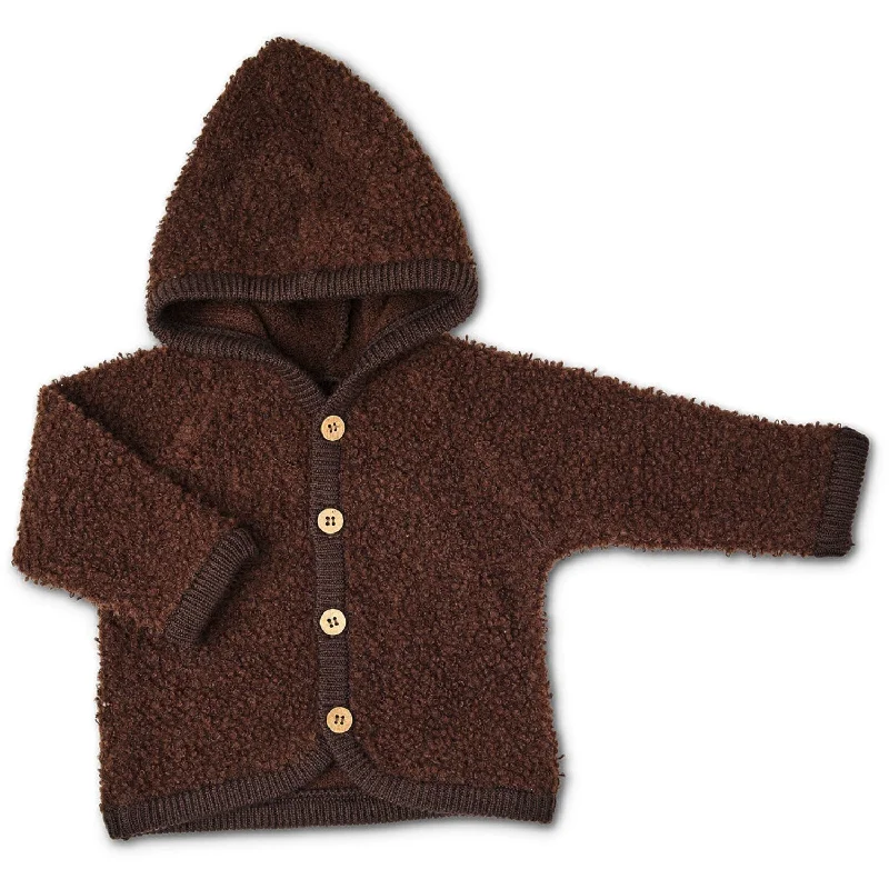 Embroidered cardiganSmallstuff Brown Cardigan Bouclé Merino Wool With Buttons And Hood