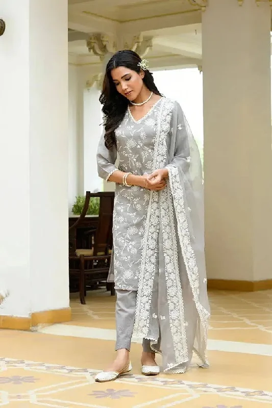 Vaasva Women Grey Linen Embroidered Solid Kurta Set With Solid Pants & Chiffon Embroidered Dupatta-142-Vaas-Grey