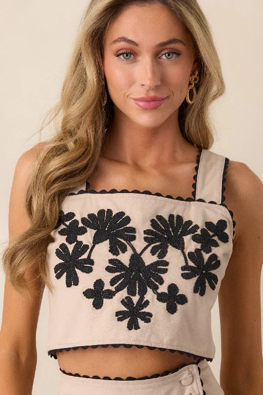 Performance vestTake Me There Taupe Embroidered Floral Cropped Top