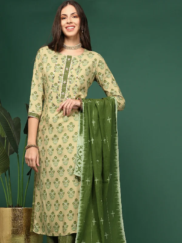 Women Floral Green Straight Kurta Set with Dupatta-GW-3130-Green