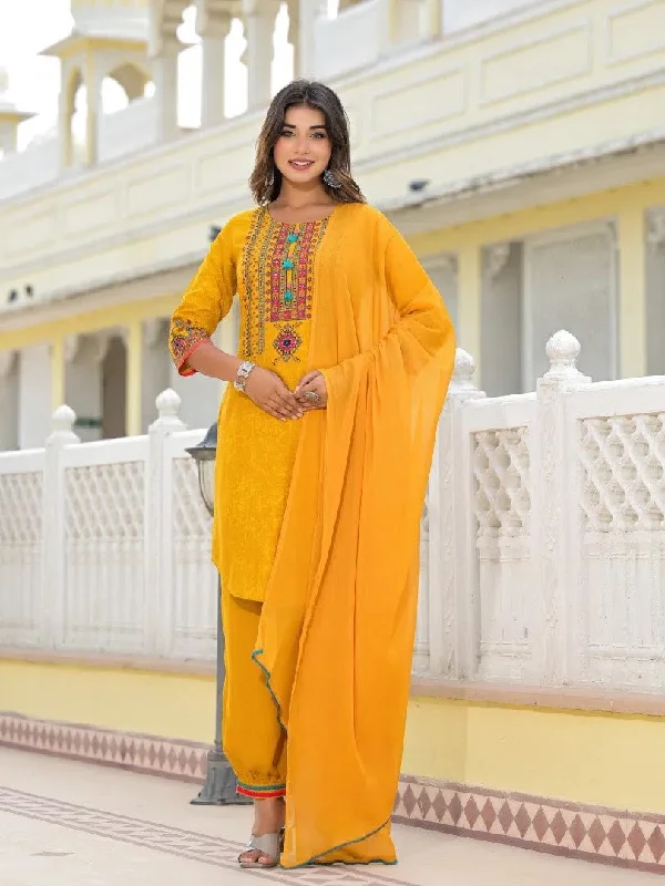 Juniper Mustard Ethnic Motif Printed Kurta, Pant And Dupatta Set With Tassels & Buttons.-J4631MUSTARD