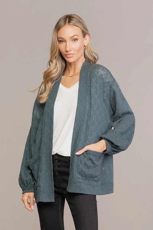 Teal Woven Lace Cardigan with Pocket Detail