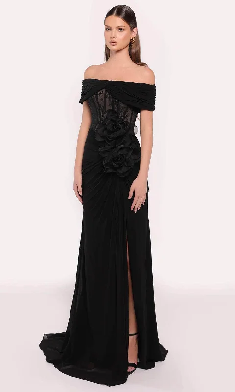 TightknitTarik Ediz 98815 - Off Shoulder Applique Gown