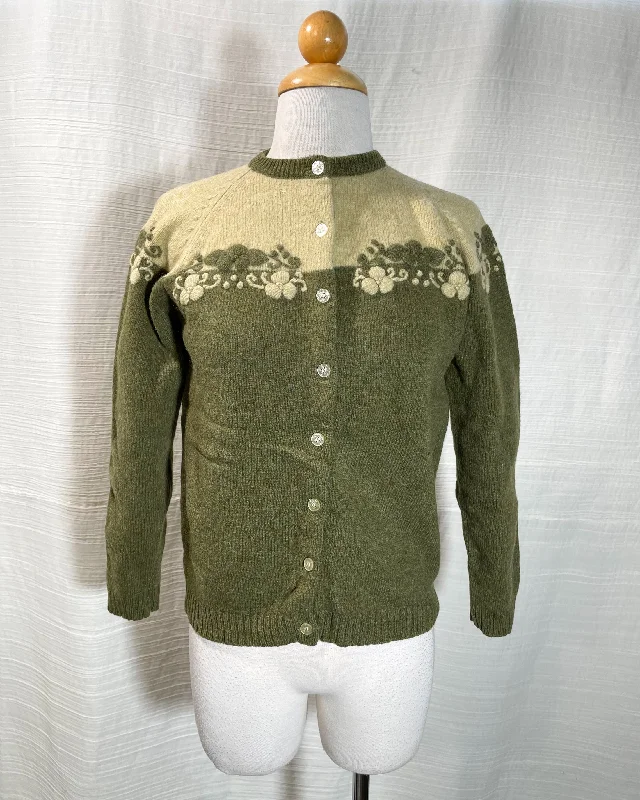 Retro cardiganVintage 50s Two Tone Green Embroidered Cardigan Sweater, Preteen or Small Female XS/S