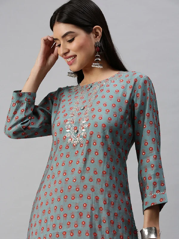 Women Straight Blue Printed Kurta and Trousers-BC1063-Blue-Pink