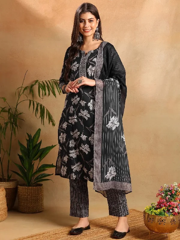 Ahika Women Black Rayon Blend Floral Printed Straight Kurta Trousers With Dupatta-VKSKD2267