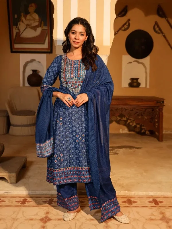 Blue Ethnic Motif Printed Polycotton Kurta Pant And Dupatta Set With Thread Zari Work & Sequins-J4665BLUE