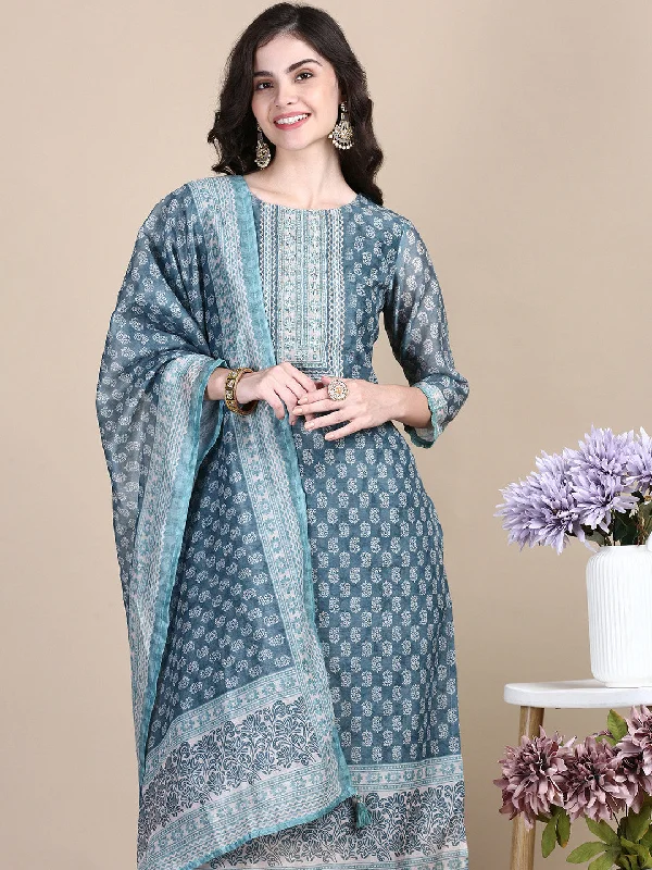 Women Ethnic Motifs Teal Straight Kurta Set with Dupatta-BC-SK-1989-Teal