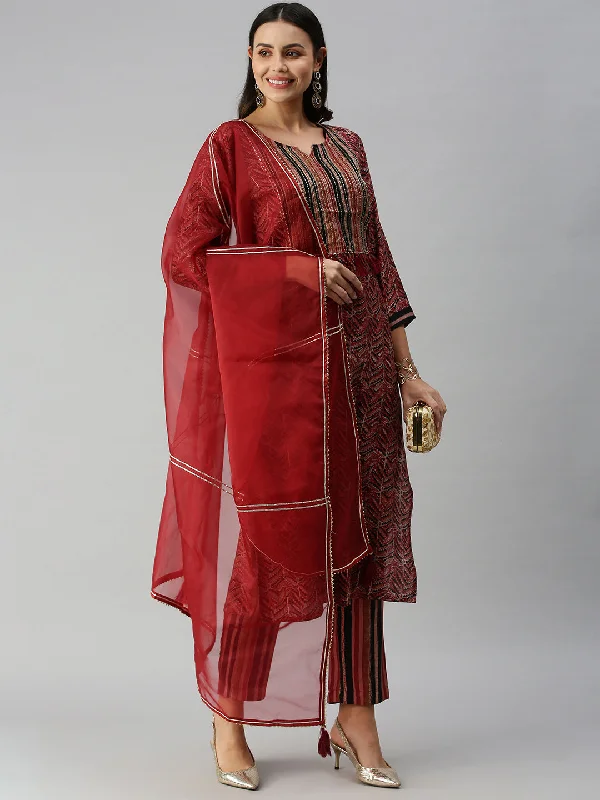 Women Straight Maroon Yoke Design Kurta and Trousers-UB-2445-Maroonblack