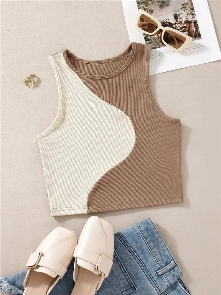 Athletic tankPatchwork Rib Knit Sleeveless Crop Top - Tank Top Tee