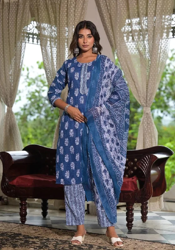 Navy Ethnic Motif Printed Cotton Kurta, Pant And Dupatta Set With Lace-J4913OT3NAVY