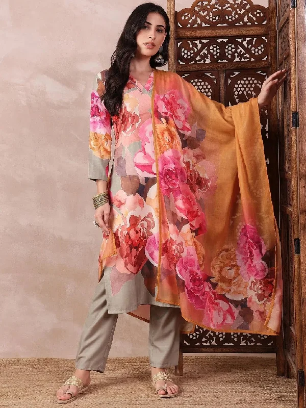 Ahika Women Olive Silk Blend Floral Printed Straight Kurta Trouser With Dupatta-PKSKD2556OLV