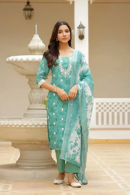 Vaasva Women Green Linen Kurta Embroidered Kurta Set With Solid Pants & Dupatta-132-Vaas-Green