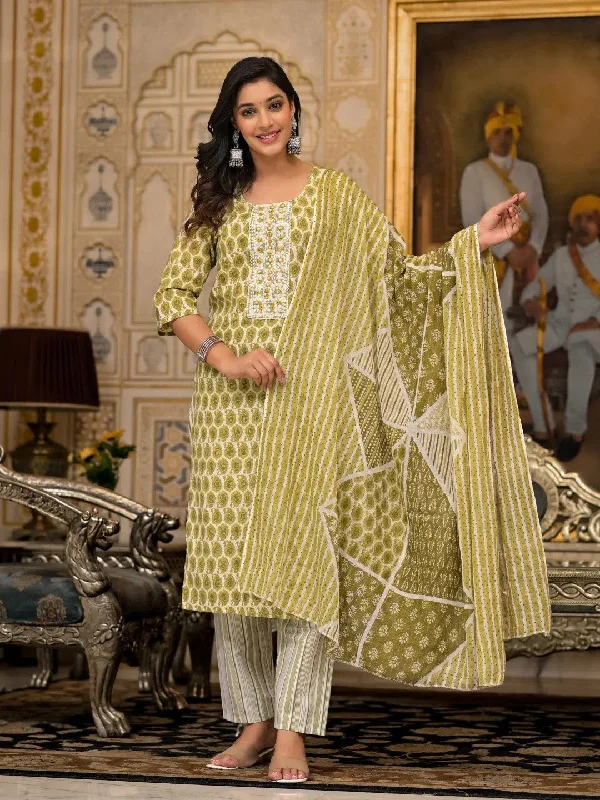 Juniper Green Ethnic Motif Printed Cotton Kurta, Pant And Dupatta Set With Thread & Mirror Work-J4848GREEN_OF