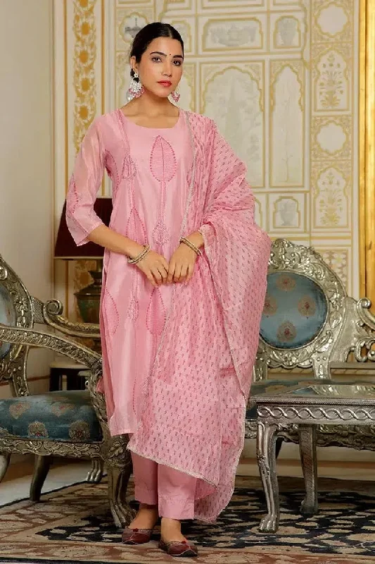 Vaasva Women Pink Chanderi Block Printed Embroidered Kurta Set With Solid Pants & Dupatta-133-Vaas-Pink