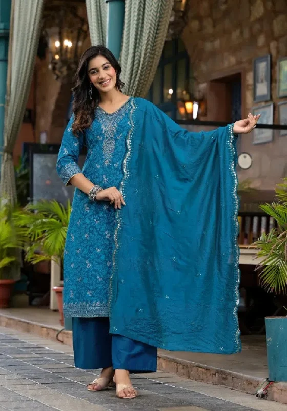 Blue Poly Staple Ethnic Motif Printed Kurta Pant And Dupatta Set With Sequins Mirror & Zari Work-J4643BLUE