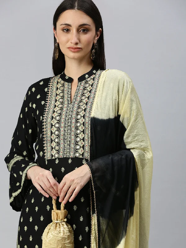 Women Straight Black Printed Kurta and Palazzos Comes with Dupatta-BC1291-Black