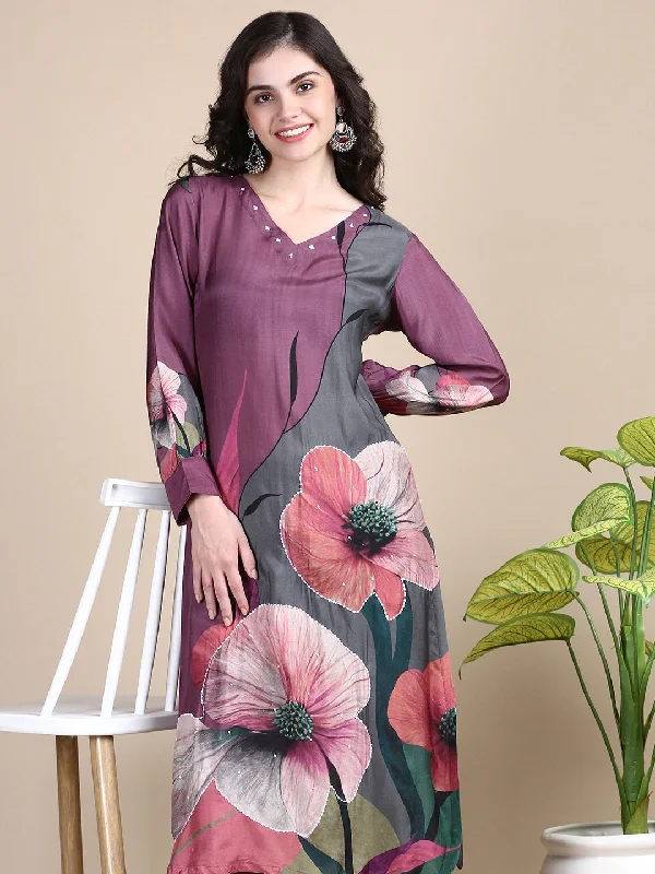 Women Floral Purple Straight Kurta Set-UB-3204-Purple