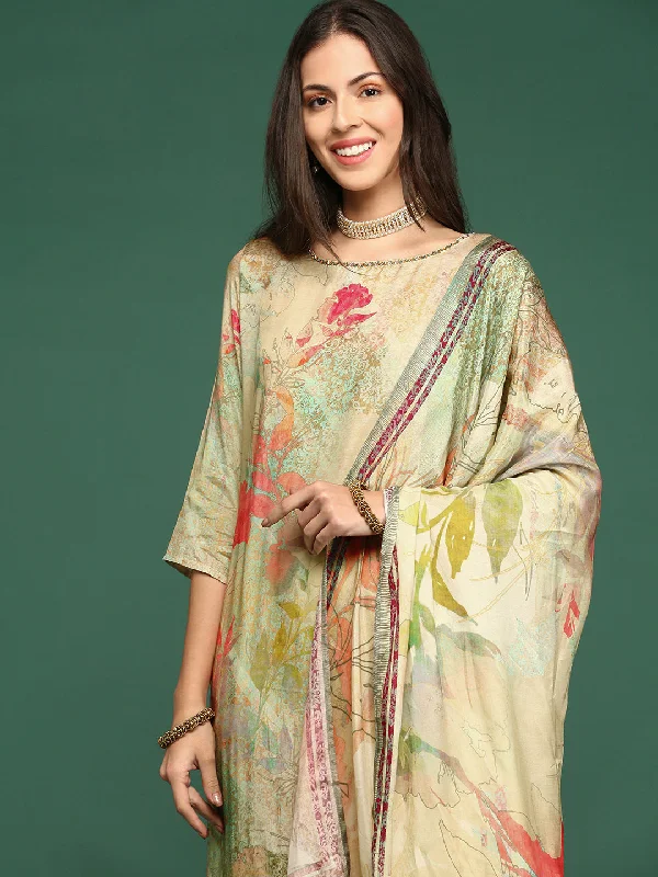 Women Floral Sea Green Straight Kurta Set with Dupatta-DW-5257-Seagreen