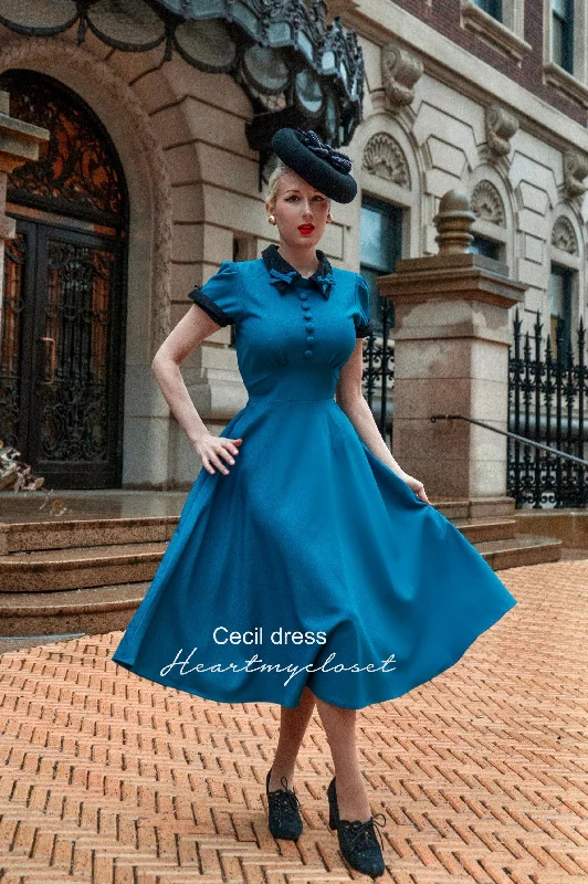 CECIL - teal bow dress with black lace 50s (premium fabric)