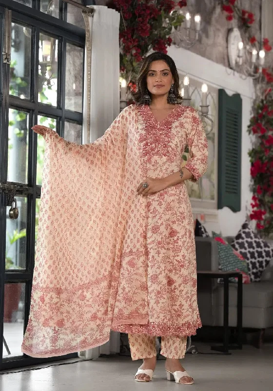 Pink Floral Printed Rayon Kurta, Pant And Dupatta Set With Mirror & Thread Work-J4839PINK_OF