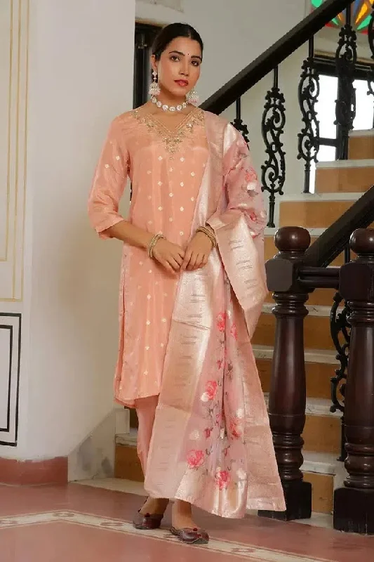 Vaasva Women Peach Tissue Brocade Embroidered Kurta With Scalloped Pant & Dupatta-129-Vaas-Peach