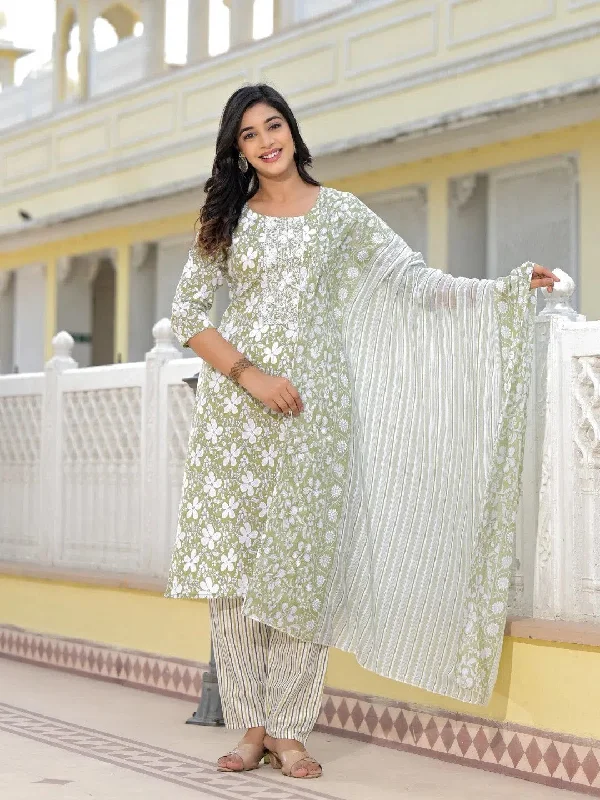 Juniper Green Floral Printed Cotton Kurta, Pant And Dupatta Set With Thread & Mirror Work-J4849GREEN_OF