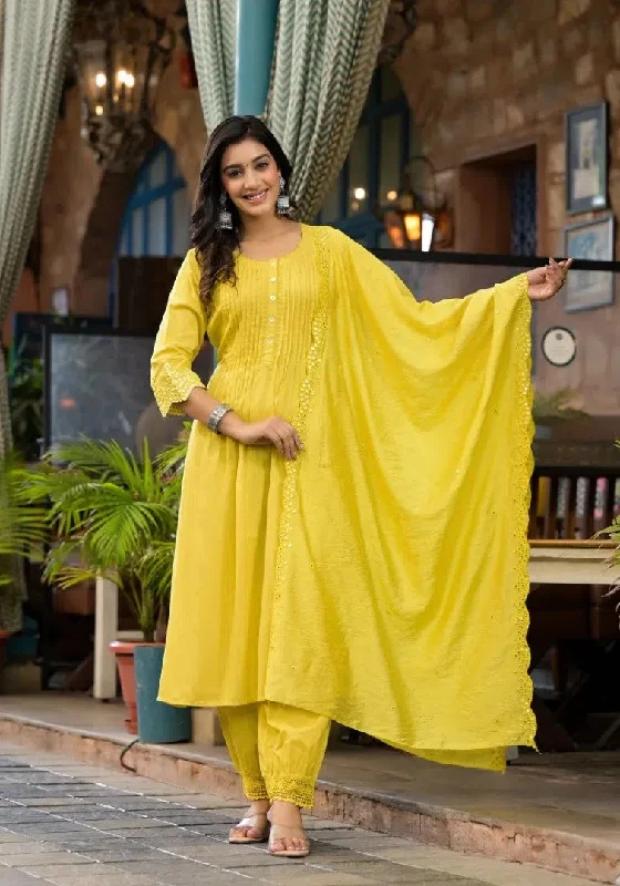 Yellow Mirror Embroidered Liva Rayon Kurta Pant And Dupatta Set With Lace & Button Detail-J4819YELLOW