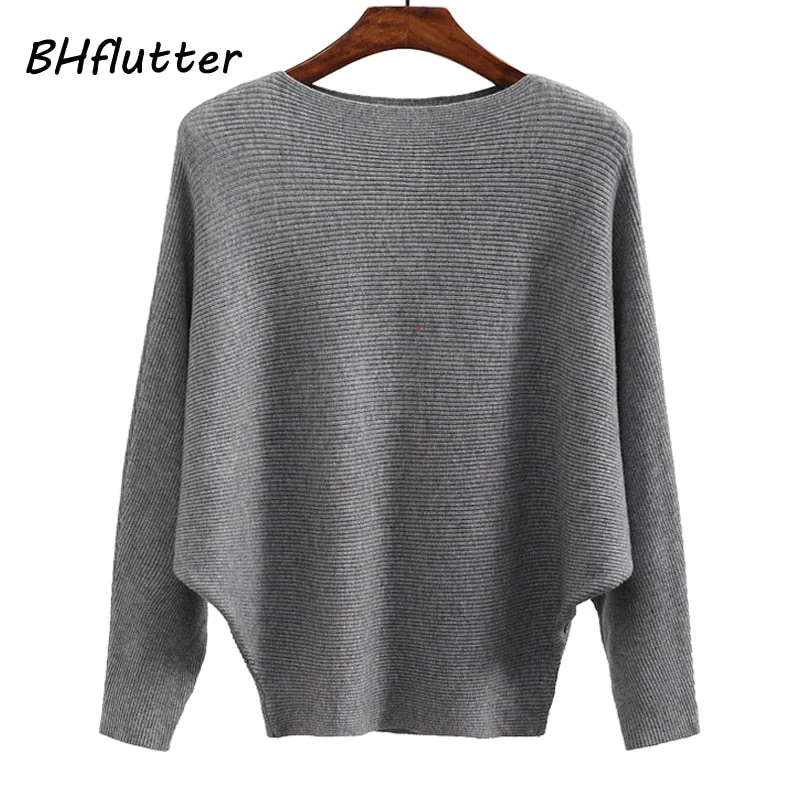 Metallic Knit TopsBHflutter Sweater Women Slash Neck Knitted Winter Sweaters Tops Female Batwing Cashmere Casual Pullovers Jumper Pull Femme 2019