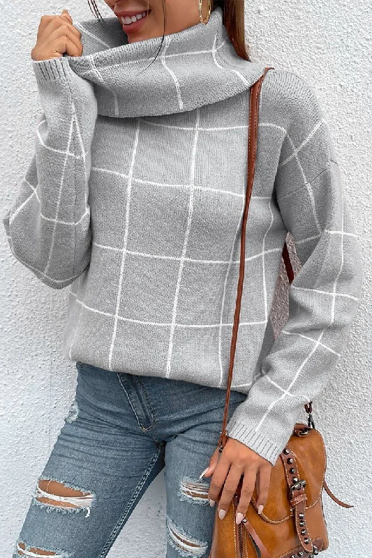 Streetwear Knit TopsLong Sleeve Drop Shoulder Plaid Side Split Knit Sweater