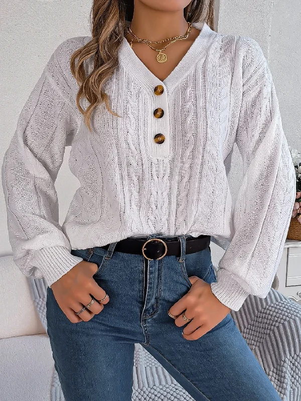 Embroidered Knit TopsCable-Knit V-Neck Long Sleeve Sweater