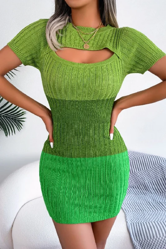 Recycled Fabric Knit TopsColor Block Cutout Short Sleeve Sweater Dress