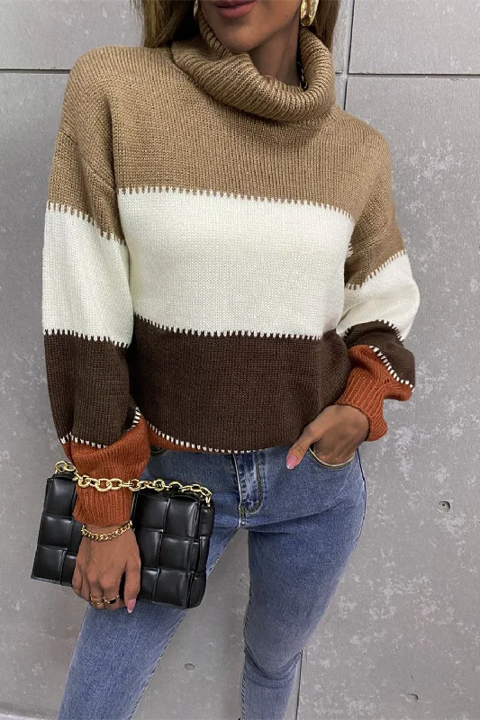 French Terry Knit TopsColor Block Lantern Sleeve Turtleneck Sweater