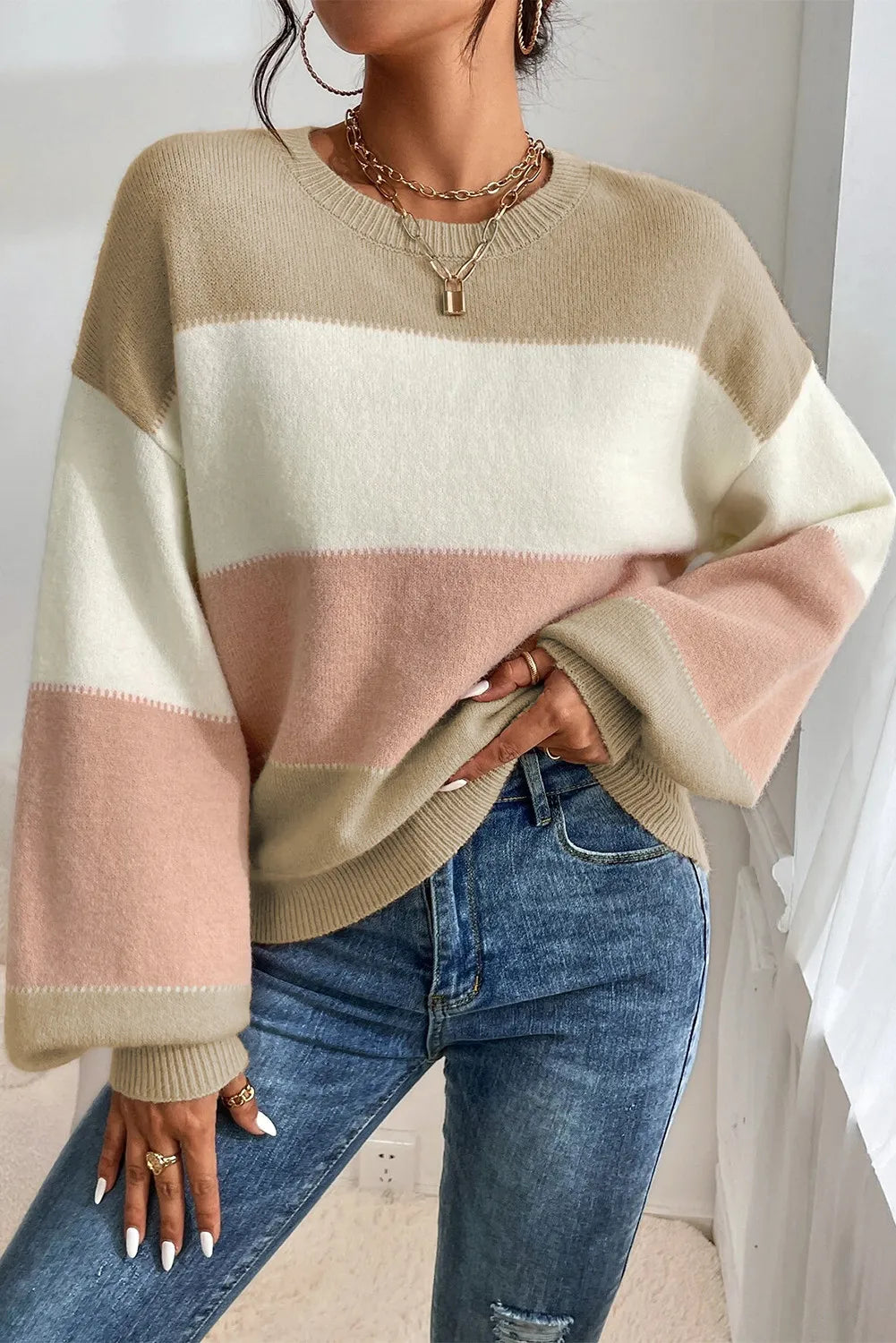 Layered Knit TopsColor Block Round Neck Lantern Sleeve Sweater