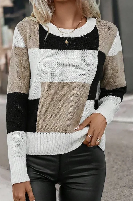 Luxury Knit TopsColor Block Round Neck Long Sleeve Sweater