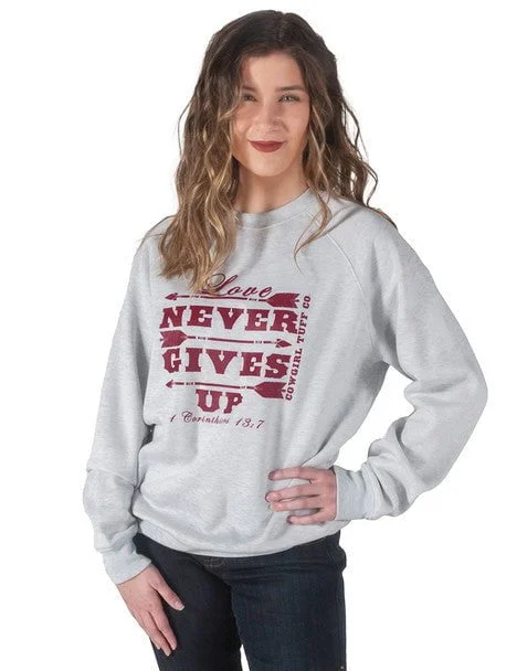 Camping Knit TopsCowgirl Tuff Womens Love Never Gives Up Ash Poly/Rayon Sweatshirt