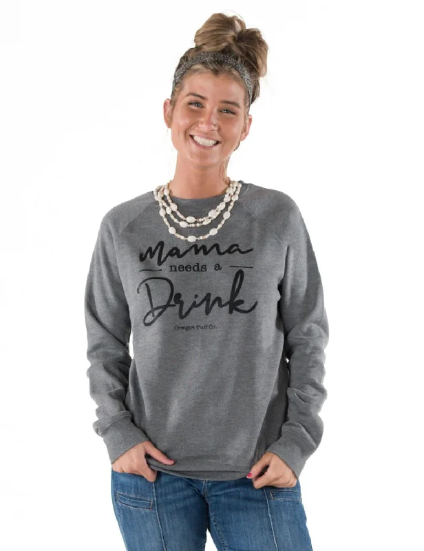 Off-Shoulder Knit TopsCowgirl Tuff Womens Mama Needs A Drink Heather Gray Poly/Rayon Sweatshirt