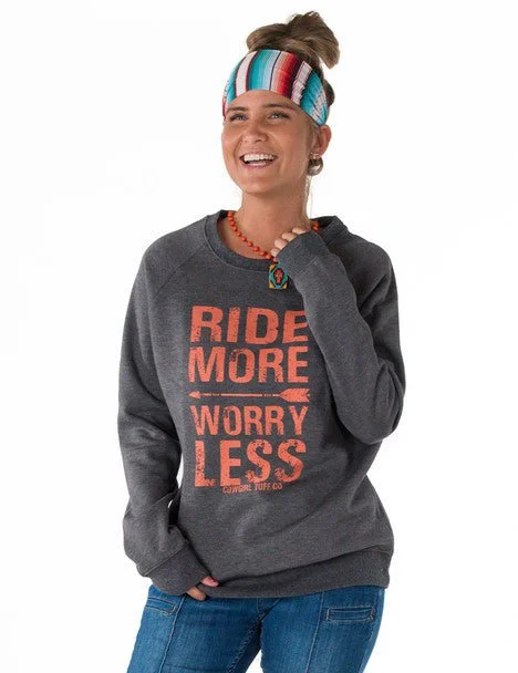 Thermal Knit TopsCowgirl Tuff Womens Ride More Worry Less Charcoal Poly/Rayon Sweatshirt