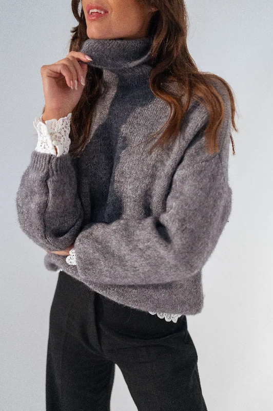 Ribbed Cuff Knit TopsDark Grey Satou Sweater