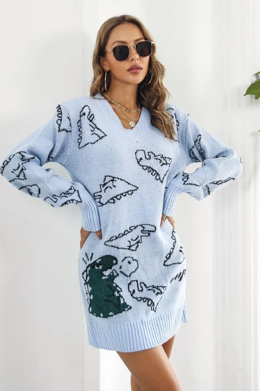 Oversized Knit TopsDinosaur Pattern V-Neck Sweater Dress