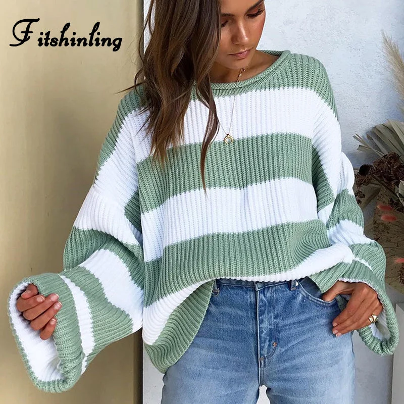 Skateboard Knit TopsFitshinling Striped Loose Ladies Sweater Pullover 2019 Autumn Winter New Arrival Green Jumpers Knit Sweaters Women Pull Femme