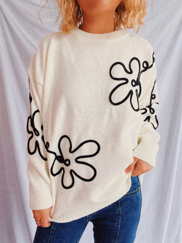 Hemp Knit TopsFlower Round Neck Long Sleeve Sweater