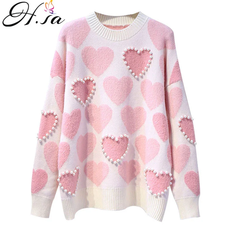 Logo Knit TopsH.SA Women Knitted Sweater and Pullovers Oneck Pearls Beading Sweaters Sweet Heart Pull Jumpers Long Sleeve Kawaii Pull Femme